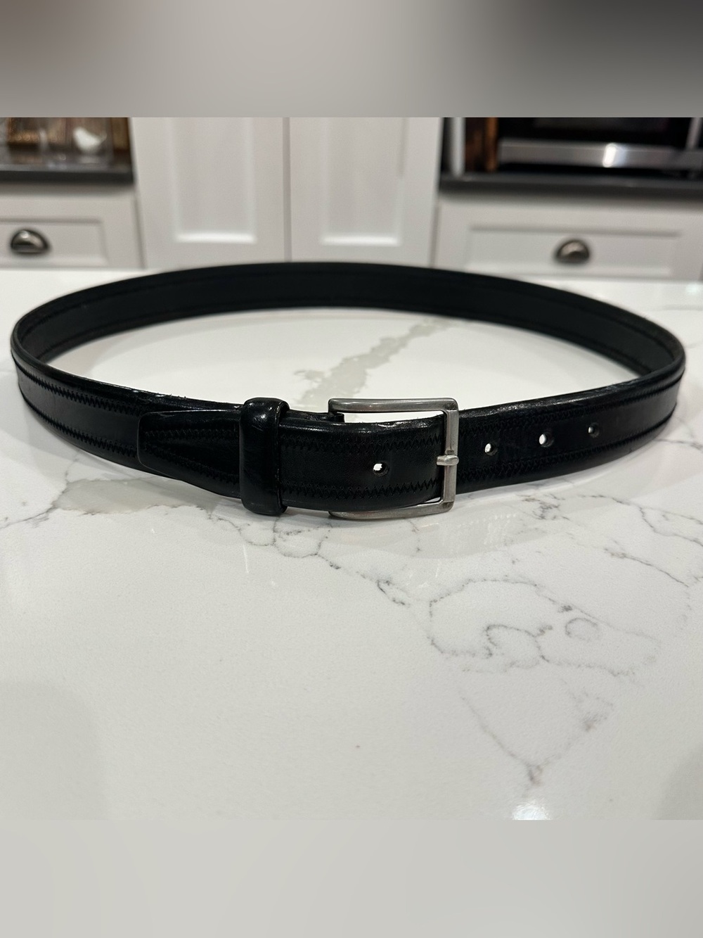 VTG Eddie Bauer Leather Belt 36 Black Chevron Stitch Silver Tone Buckle Italy